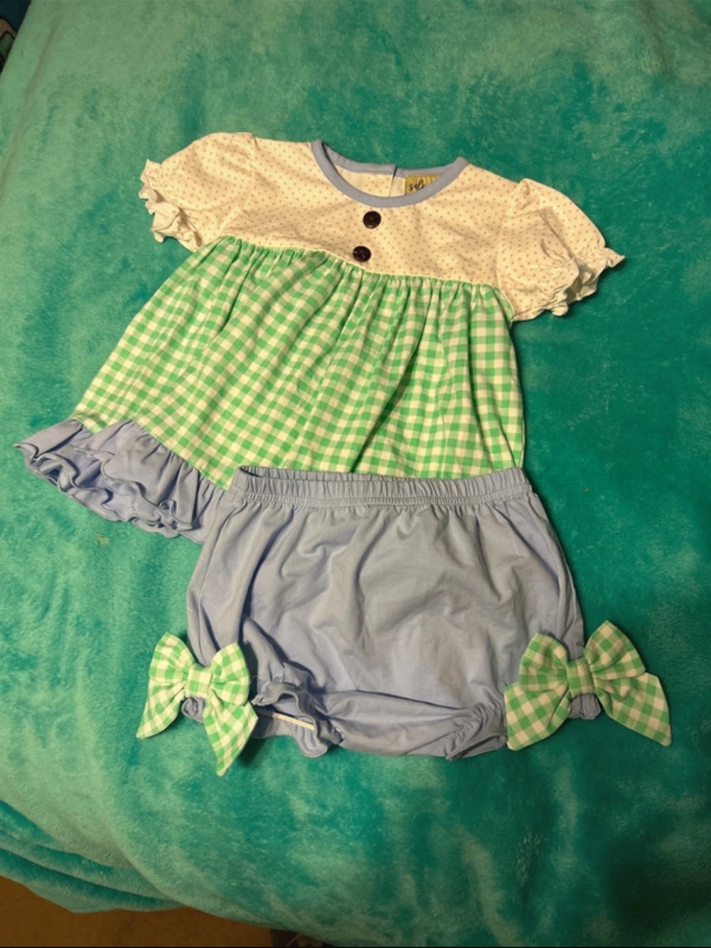 Kids Two-Piece Gingham & Ruffle Set in Green and Blue